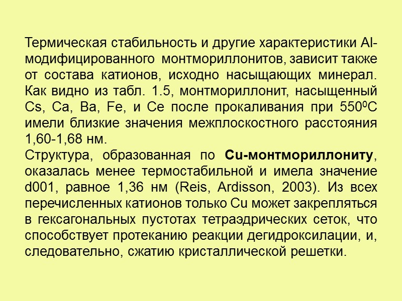 Термическая стабильность и другие характеристики Al-модифицированного  монтмориллонитов, зависит также от состава катионов, исходно